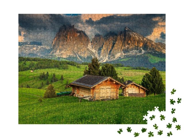 Puzzle de 1000 pièces « Printemps sur l'Alpe de Siusi avec le groupe du Sassolungo, Dolomites, Italie »