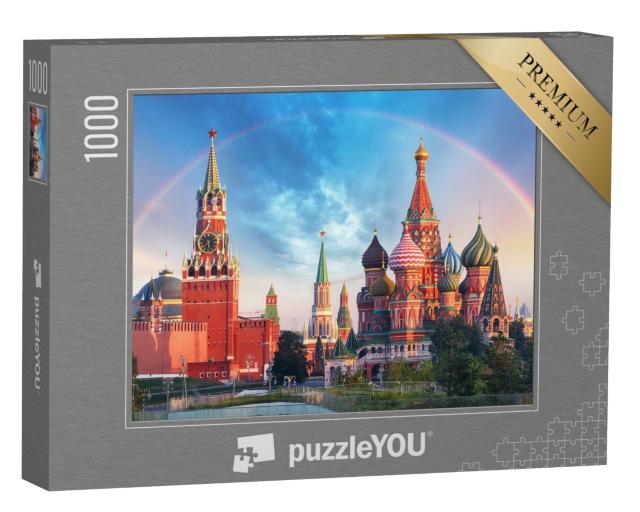 Puzzle de 1000 pièces « Vue panoramique de la Place Rouge avec le Kremlin de Moscou et l'arc-en-ciel »