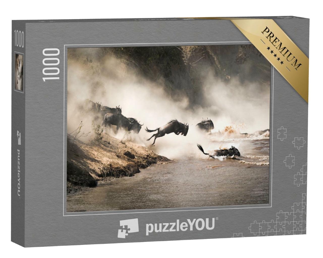 Puzzle de 1000 pièces « Photo spectaculaire de gnous traversant la rivière Mara, Kenya »