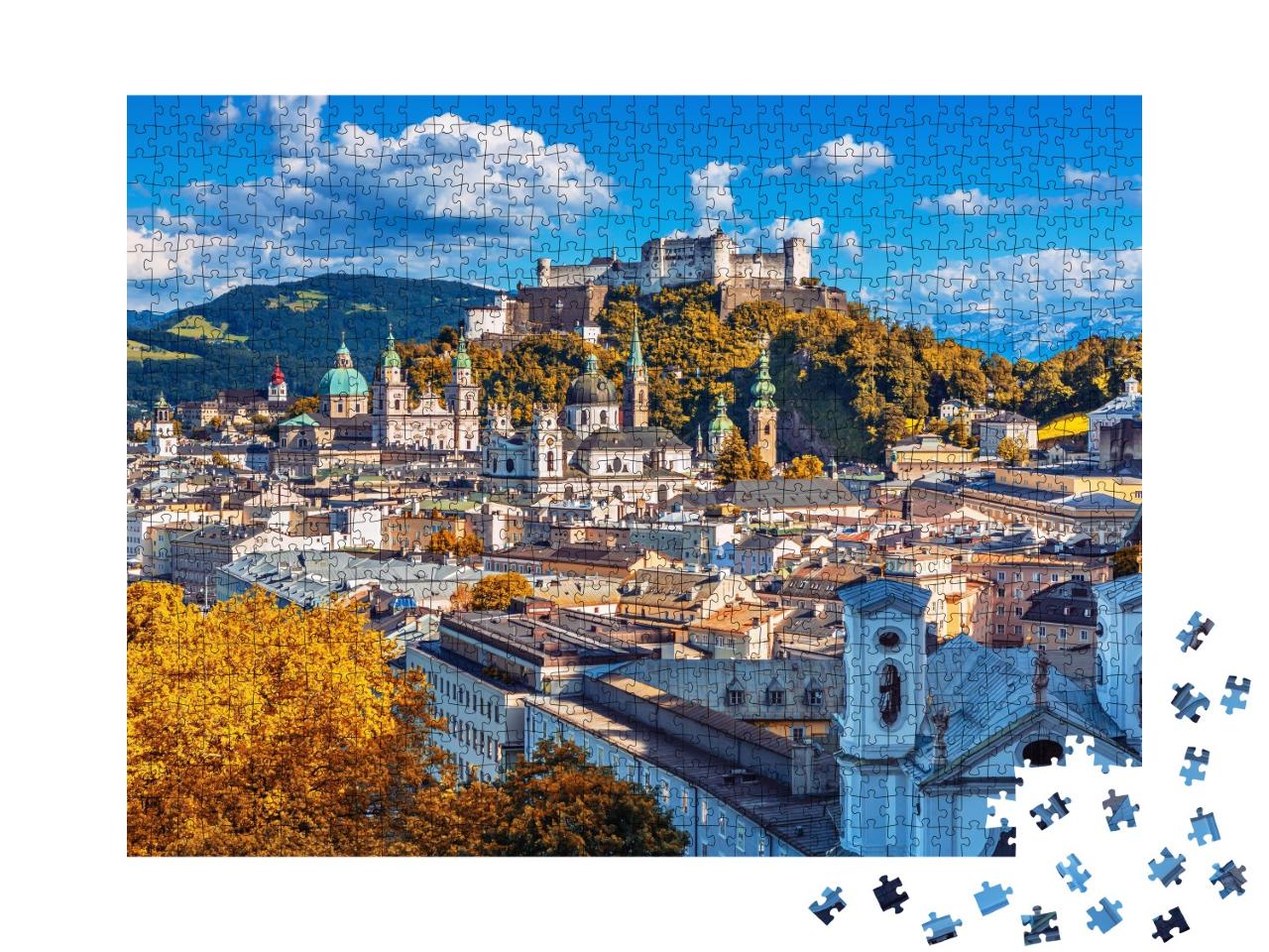 Puzzle de 1000 pièces « Skyline de Salzbourg avec la forteresse Hohensalzburg en automne, Autriche »